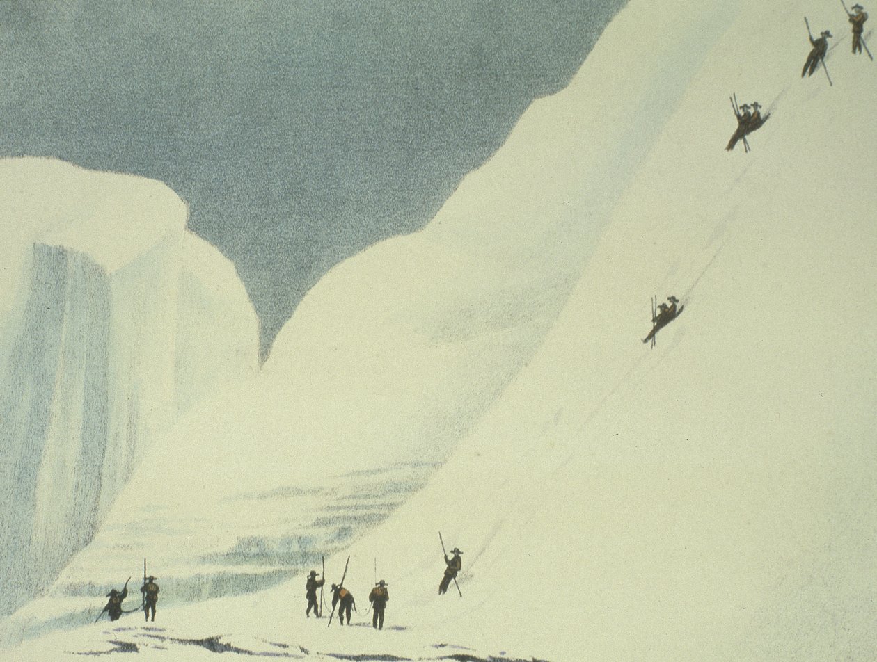 Descending the Steep Snows, from A Narrative of an Ascent to the Summit of Mont Blanc av Charles Fellows (1799-1860), utgitt 1827 av English School