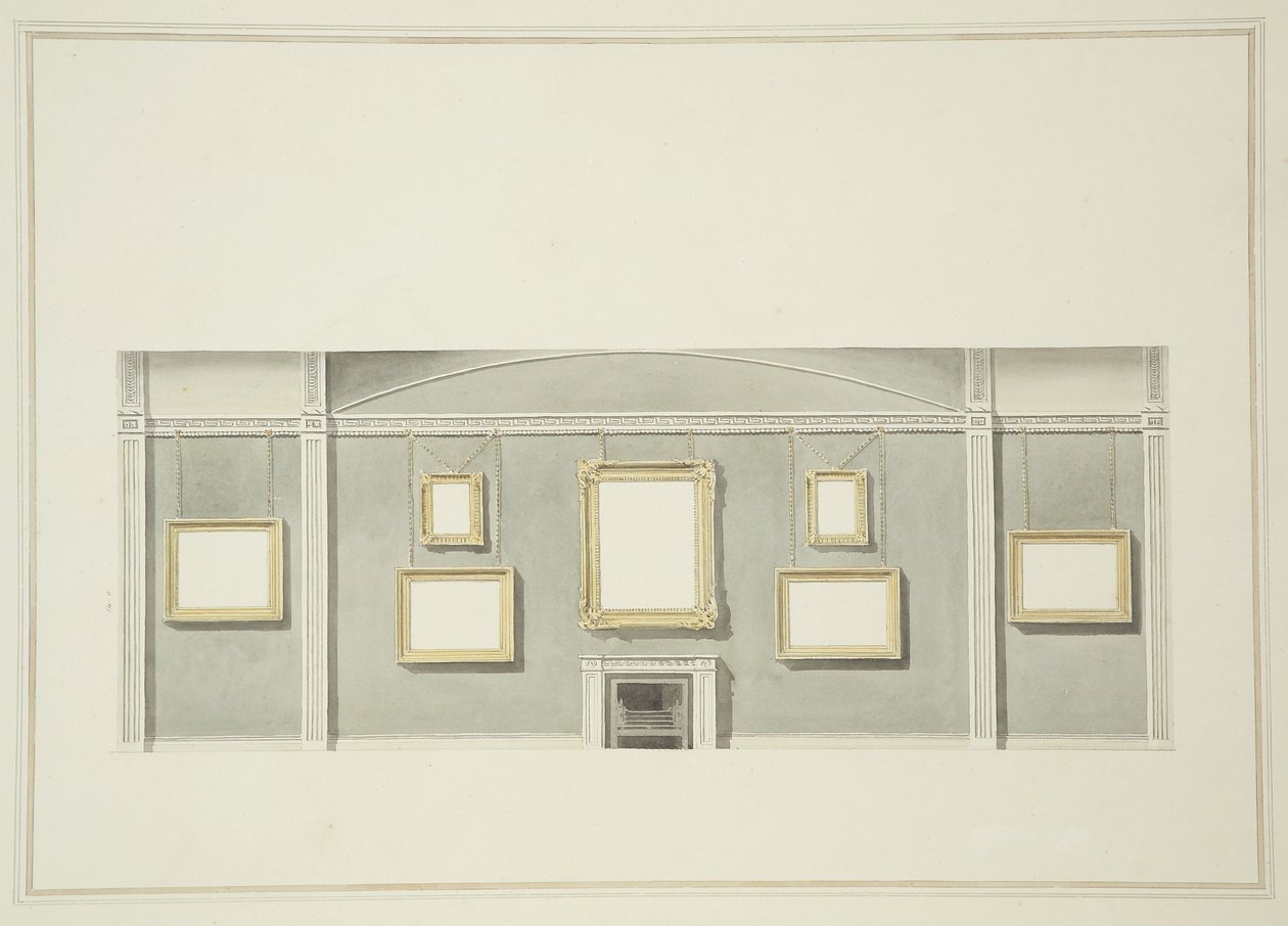Design for bildet henger på en av de lange veggene til Sir John Leicesters Gallery, Hill Street, ca. 1806 (wc over blyant på papir) av English School