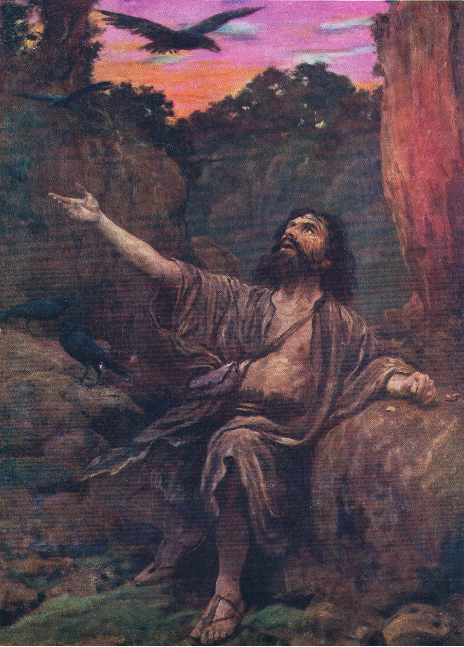 Elijah and the Ravens, fra The Bible Picture Book utgitt av Thomas Nelson, ca.1950 av English School
