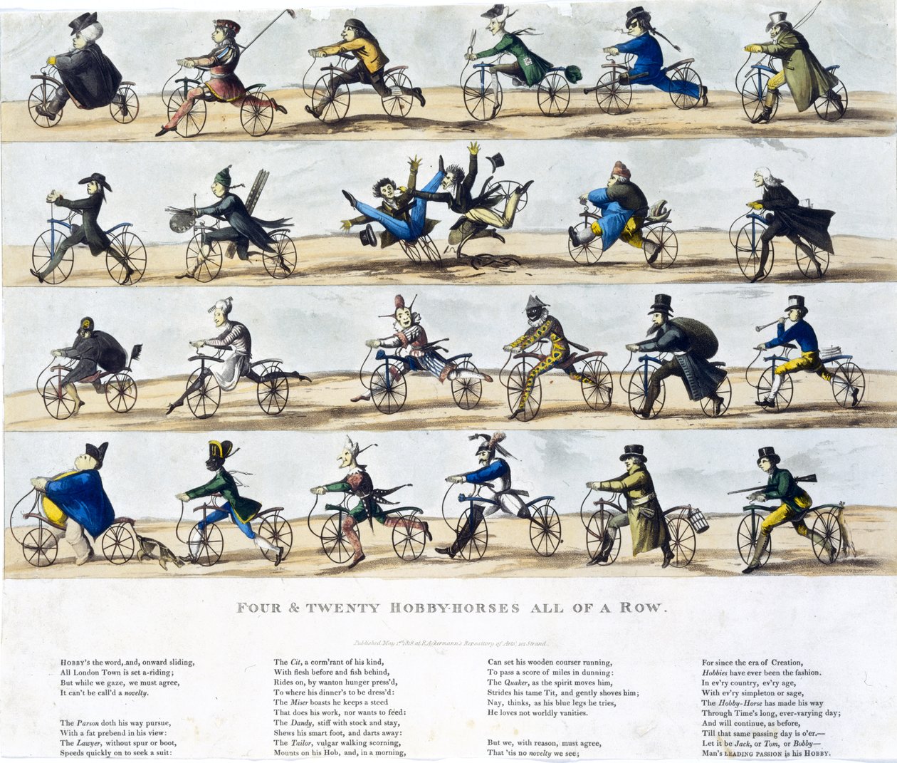 Fire og tjue hobbyhester på rad, 1819 (farget akvatint) av English School