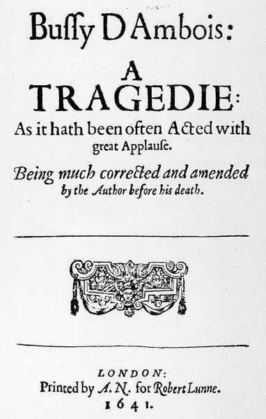 Frontispice til Bussy DAmbois: A Tragedy, 1641 av English School