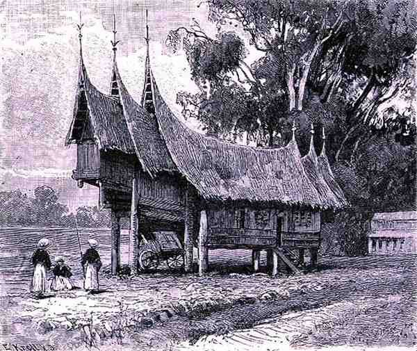 Hus i Central Sumatra, gravert av E. Krell, fra The History of Mankind, Vol.1, av Prof. Friedrich Ratzel, 1896 av English School