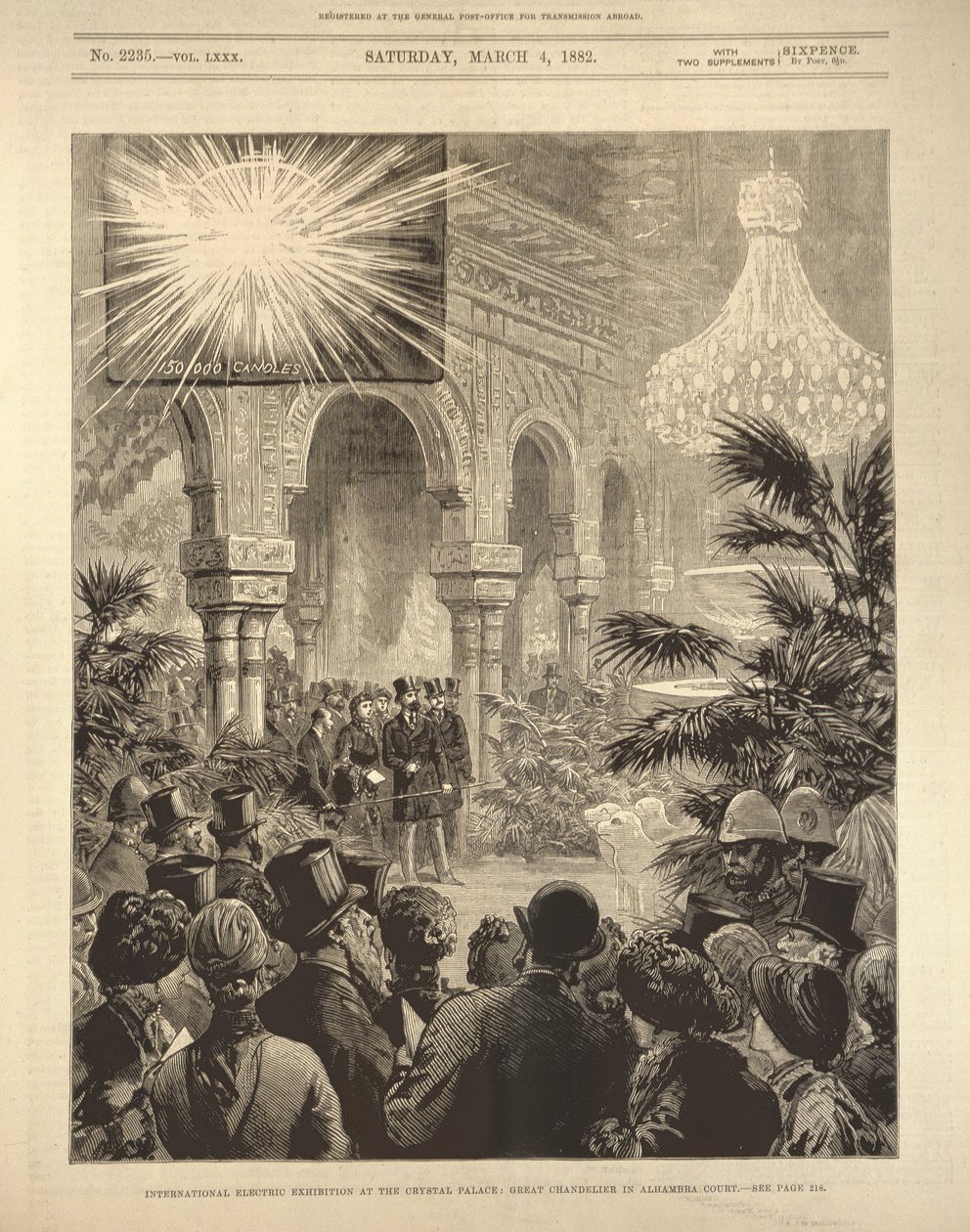 International Electric Exhibition at Crystal Palace: Great Chandelier in the Alhambra Court, fra The Illustrated London News, 4. mars 1882 av English School
