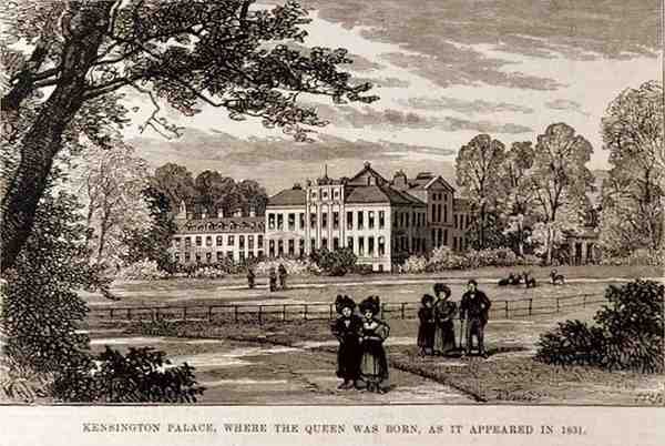 Kensington Palace, hvor dronningen ble født, slik det dukket opp i 1831, fra The Illustrated London News, 19. juni 1886 av English School
