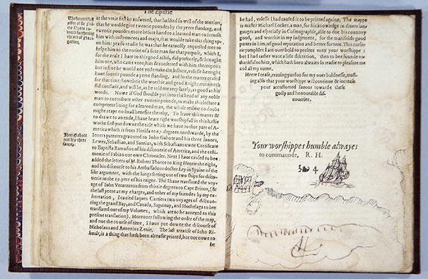 Blader 3v & 4r, fra Divers Voyages Touching the Discouerie of America... 1582 (boktrykk) av English School