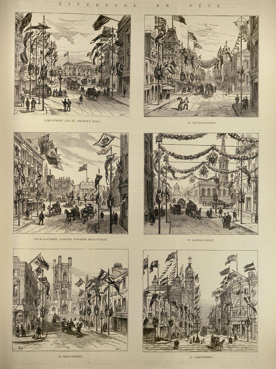 Liverpool en Fete: Lime Street og St. Georges Hall; Church Street; Castle Street; Bold Street, fra The Illustrated London News, 15. mai 1886 av English School