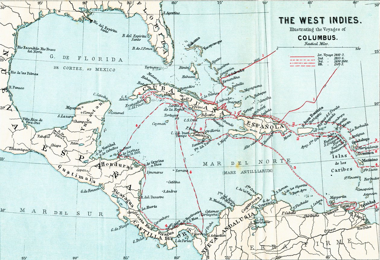 Kart over Vestindia som illustrerer reisene til Christopher Columbus, fra Life of Christopher Columbus av Clements R. Markham, publisert 1892 av English School