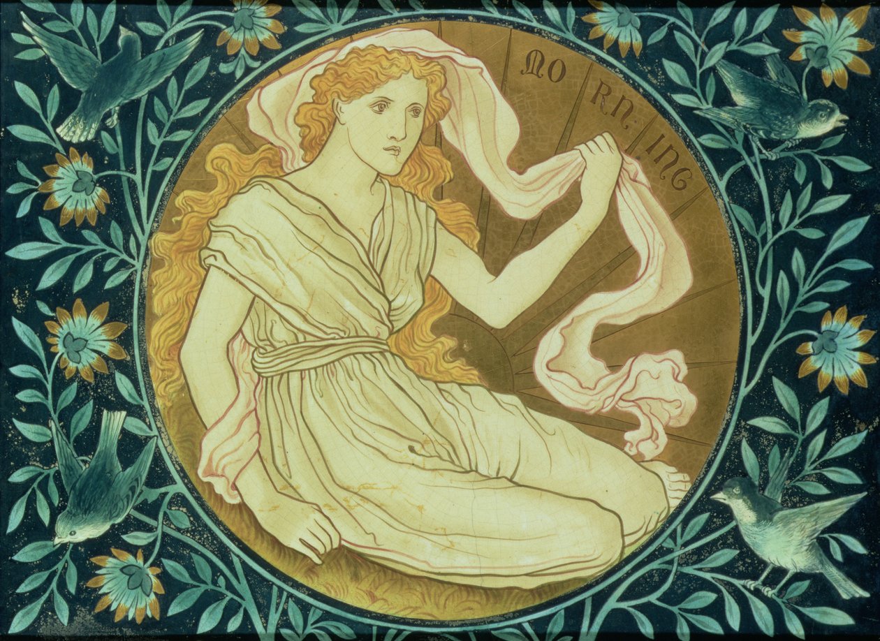 Morgen, panel dekorert med en allegorisk figur som representerer den stigende solen, produsert av Shrigley & Hunt, 1876 (keramikk) av English School