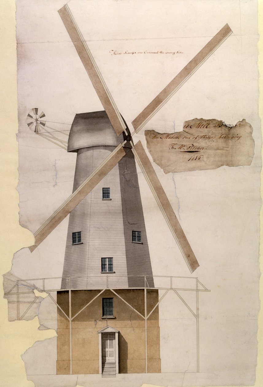 Mr Pilchers vindmølle i Margate, Kent, 1816 (penn og blekk, blyant og vask på papir) av English School
