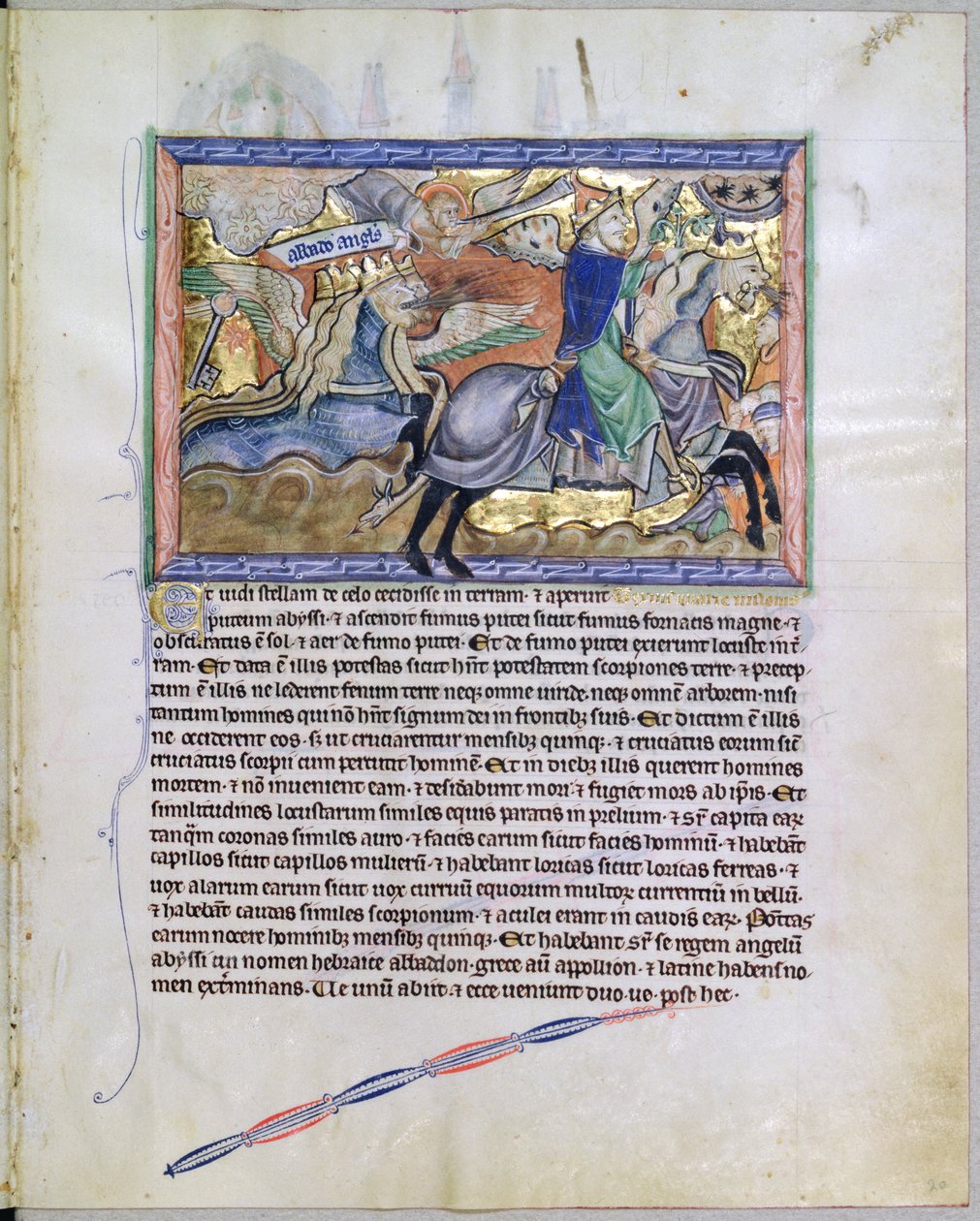 Ms L.A. 139-Lisboa fol.20 Exterminans, kongen av gresshoppene, reiser seg fra gropen, fra Gulbenkian Apocalypse, ca. 1265-70 av English School