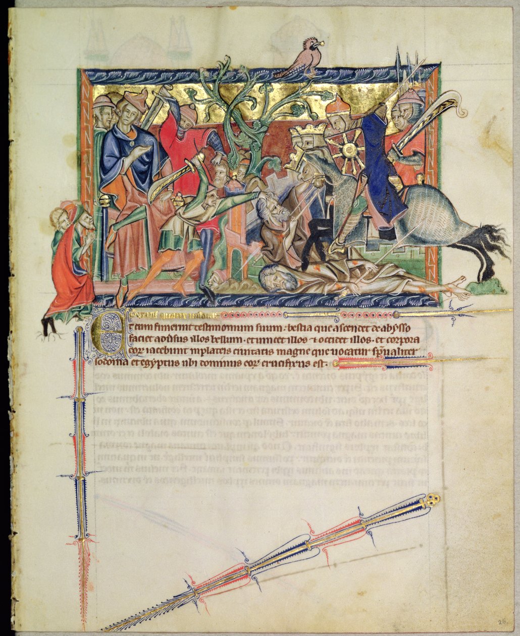 Ms L.A. 139-Lisboa fol.26 Utryddere som ser på ryttere tråkke de to vitnene, fra Gulbenkian Apocalypse, ca. 1265-70 av English School