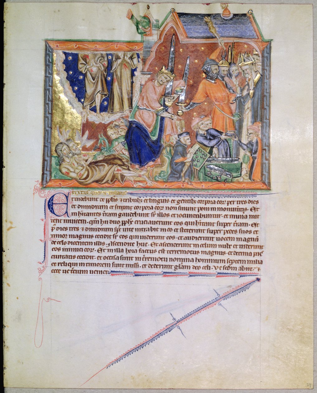 Ms L.A. 139-Lisboa fol.27 Vitnene blir stående ubegravet og deres sjeler stiger opp til himmelen, fra Gulbenkian Apocalypse, ca. 1265-70 av English School