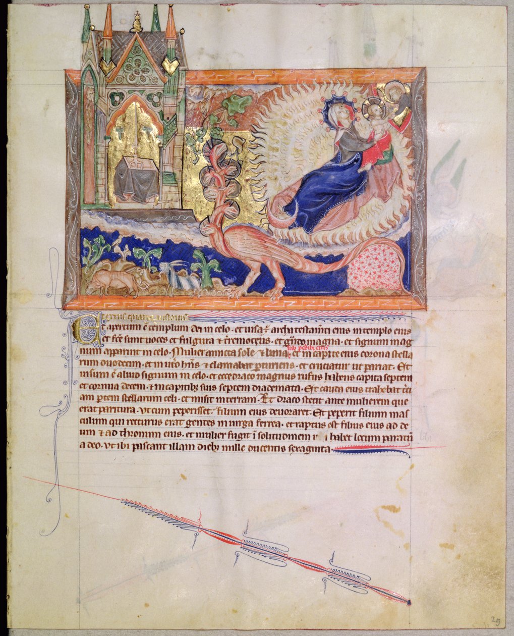 Ms L.A. 139-Lisboa fol.29 Gud reddet det mannlige barnet fra å bli fortært av den røde dragen, fra Gulbenkian Apocalypse, ca. 1265-70 av English School