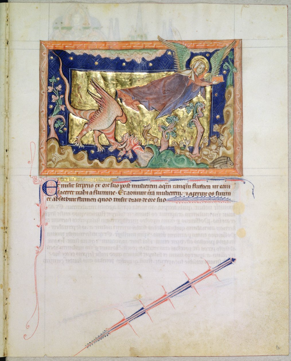 Ms L.A. 139-Lisboa fol.32 Kvinnen som flyr bort mens jorden svelger vannet spytt ut av den røde dragen, fra Gulbenkian Apocalypse, ca. 1265-70 av English School