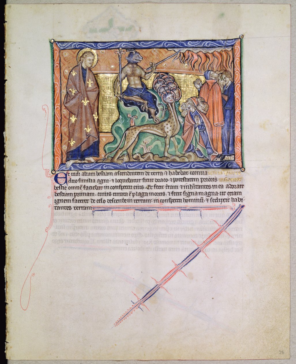 Ms L.A. 139-Lisboa fol.38 St. John the Evangelist ser på dyret bringe ild ned fra himmelen til jorden, fra Gulbenkian Apocalypse, ca. 1265-70 av English School