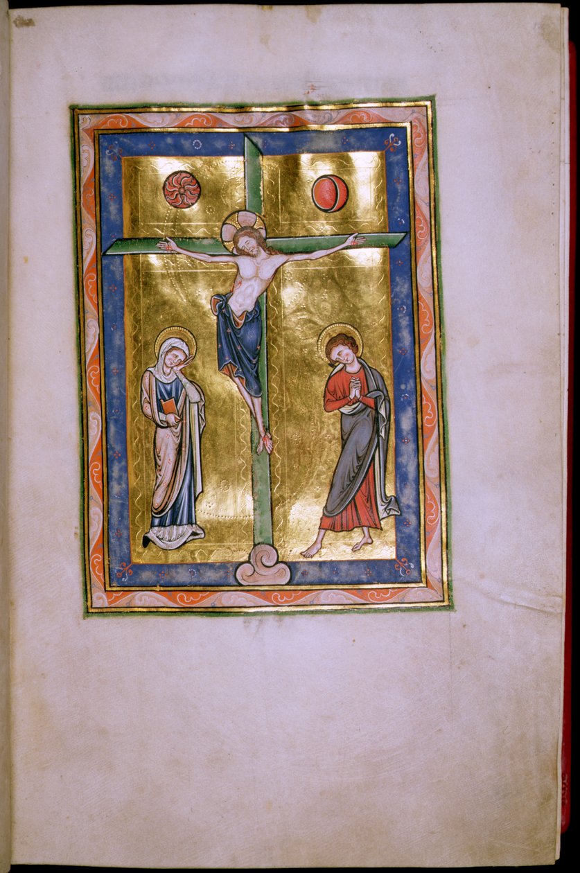 Ms.12.f12r Crucifixion with the Virgin and St. John, from the Peterborough Psalter, ca.1260 av English School