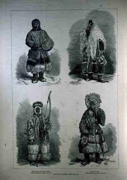 Innfødte i Sibir: Samoyed fra Nedre Yenesei, Kvinne Samoyed, Ostiak Inhabiting the Basin of the Obi, fra The Illustrated London News, 22. april 1882 av English School