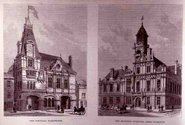 New Town Hall, Wandsworth and the New Municipal Buildings, Great Yarmouth, fra The Illustrated London News, 21. januar 1882 av English School