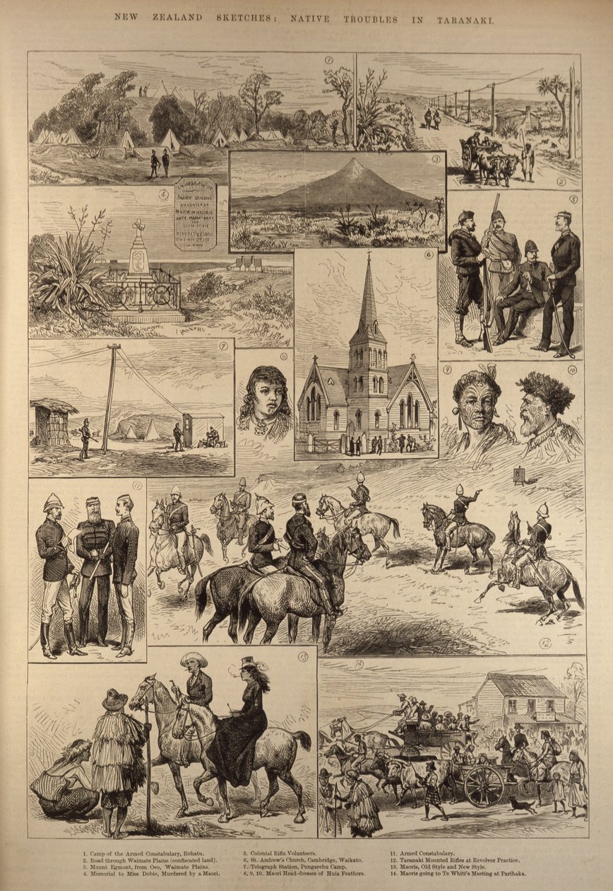 New Zealand Sketches: Native Troubles in Taranaki, fra The Illustrated London News, 28. januar 1882 av English School