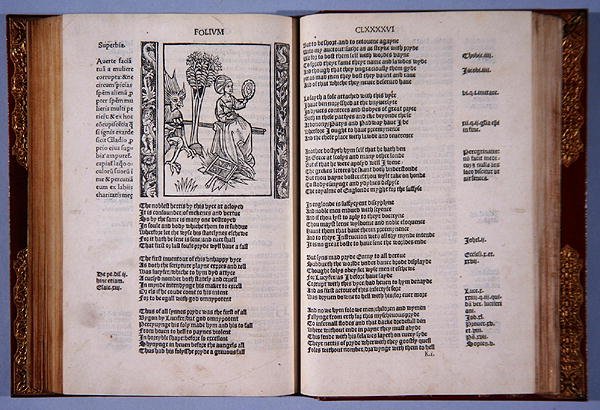 Of Overbearing Pride, fra This Present boke kalt The shyp of folys, av Sebastian Brandt, trykt av Richard Pynson, 1509 (boktrykk og tresnitt) av English School