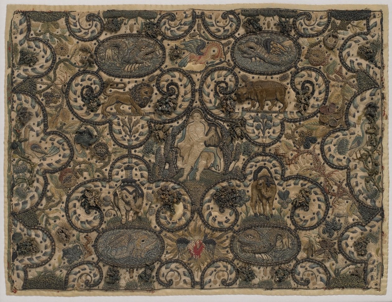 Orpheus sjarmerer dyrene med sin lute, hevet silkebroderi, ca. 1630 (silkebroderi) av English School