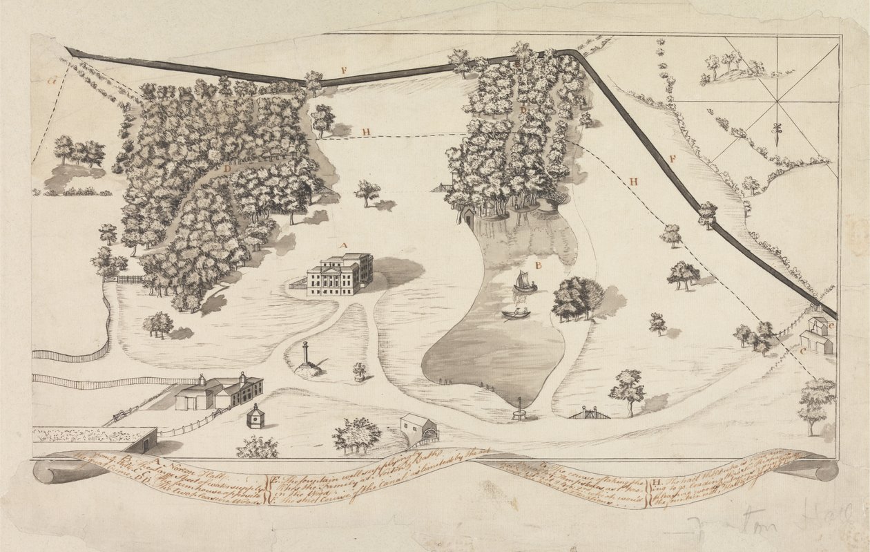 Plan over parken ved Norton Hall, Norton Priory, ca. 1750-60 (penn og svart blekk og grå vask på papir) av English School