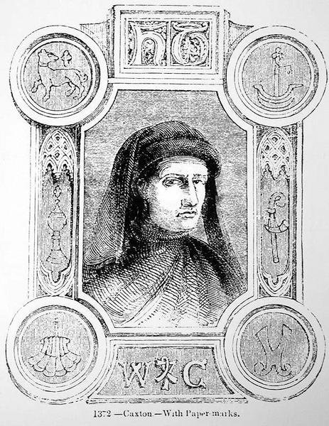 Portrett av William Caxton (ca. 1422-91) og hans Printers Mark av English School