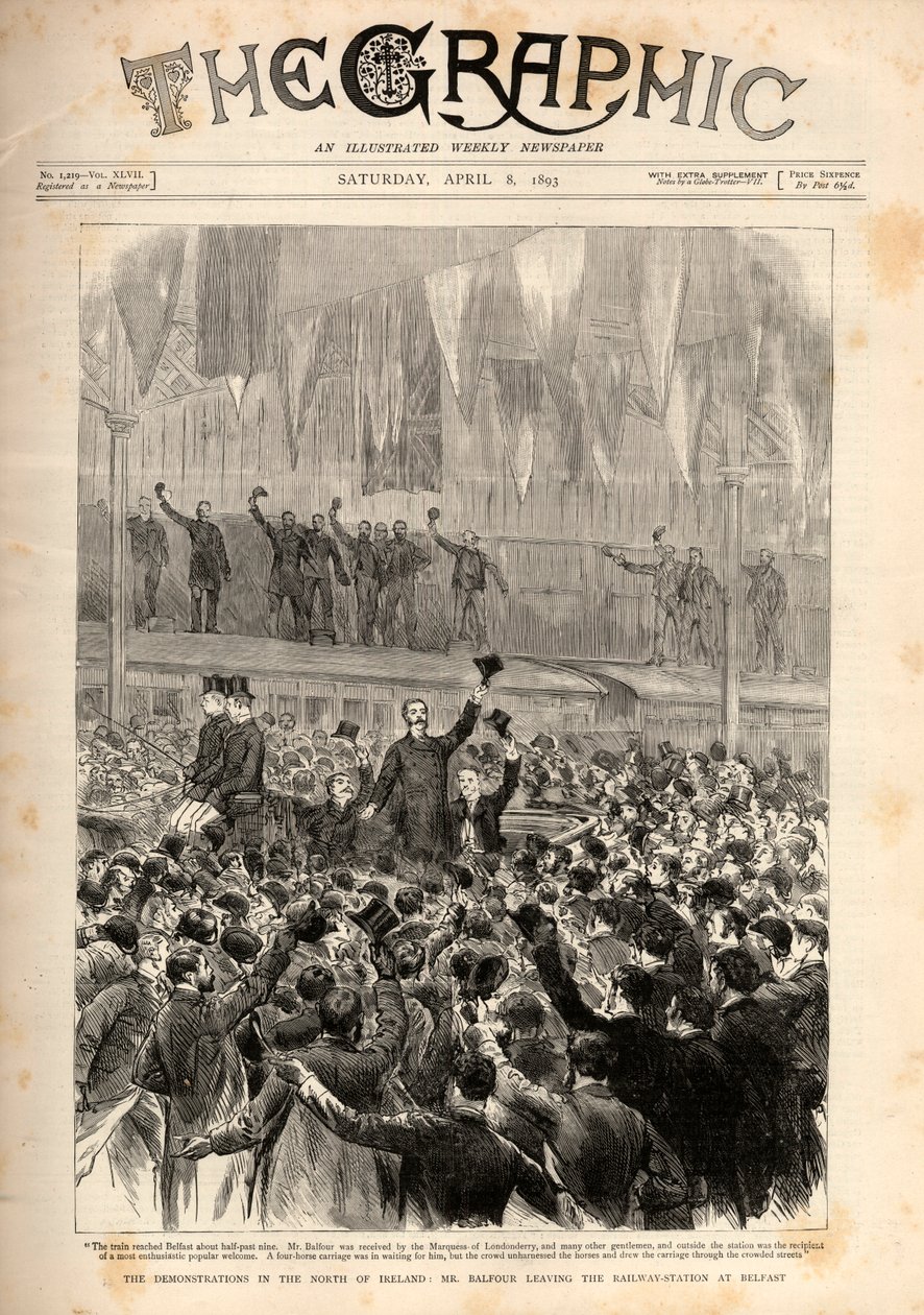 Protest mot Home Rule Bill (introdusert av Gladstone) i Belfast: Arthur James Balfour forlater jernbanestasjonen i Belfast. av English School