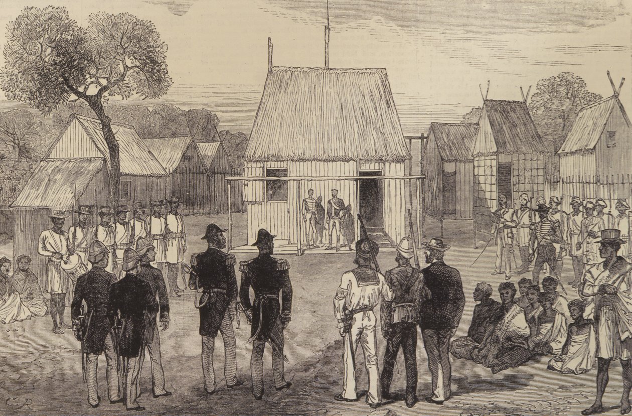 Mottakelse av britiske sjøoffiserer av den innfødte guvernøren i Mohabo, Madagaskar, fra The Illustrated London News, 26. november 1881 av English School