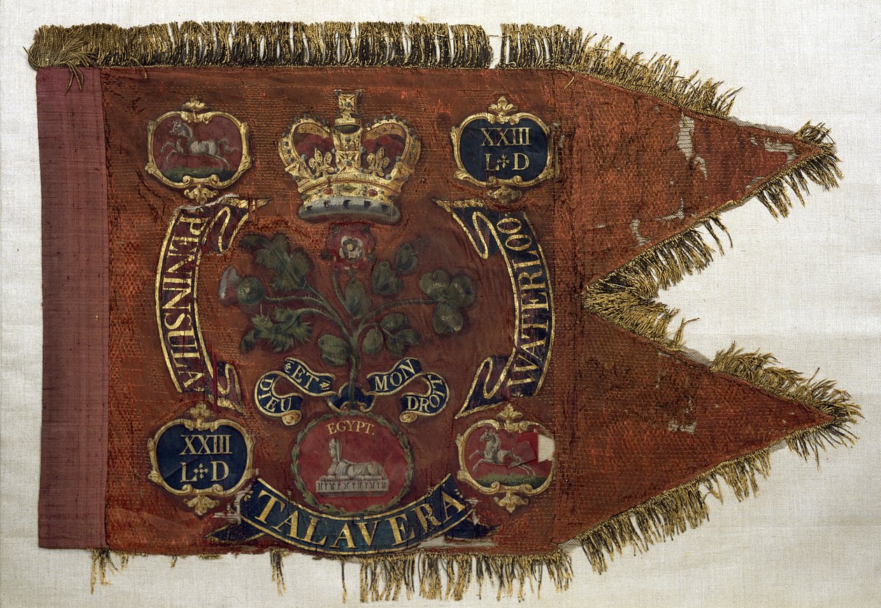 Regimental Guidon of the 23rd Light Dragoons, 1809 (rødt stoff med gullbroderi og dusker) av English School