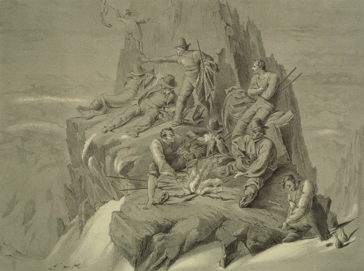 Hviler på en avsats, fra ti scener i den siste oppstigningen av Mont Blanc, inkludert fem utsikter fra toppen, av J.D.H. Browne, utgitt 1853 av English School