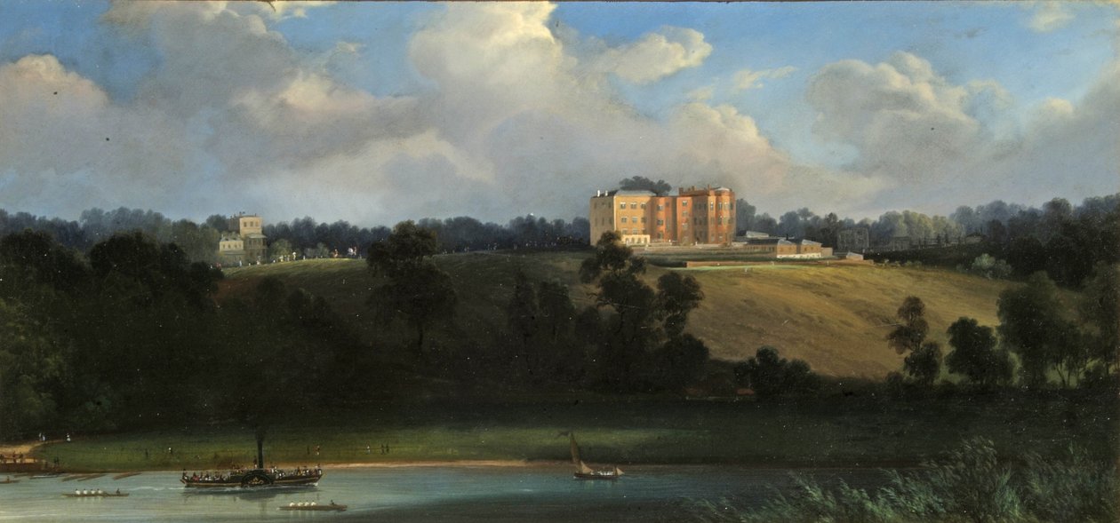 Richmond Hill fra elven, Surrey, ca. 1830 (olje på skifer) av English School