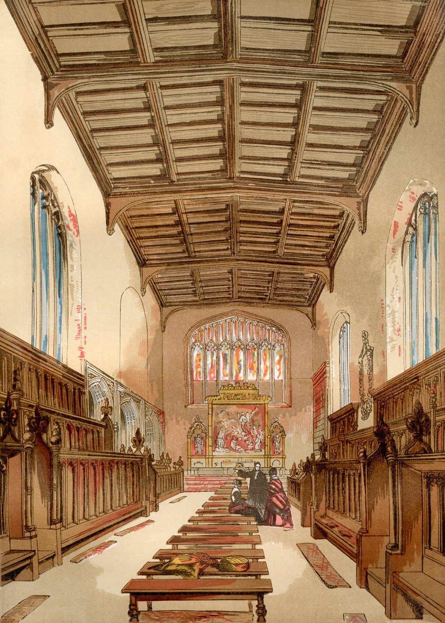 St. Johns College Old Chapel, Cambridge University, Cambridge, England før det ble revet, fra Old England: A Pictorial Museum, pub. 1847 av English School