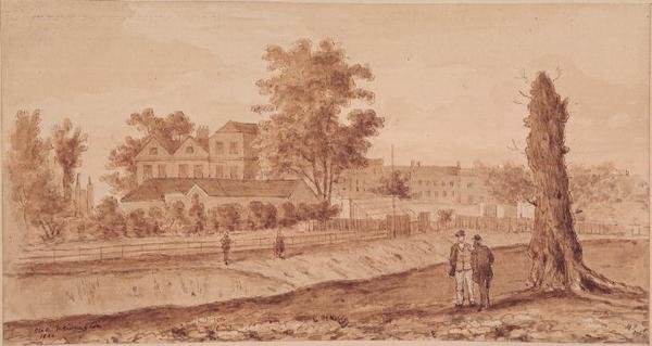 Stoke Newington Green, initialisert H.F., 1860 (sepia) av English School