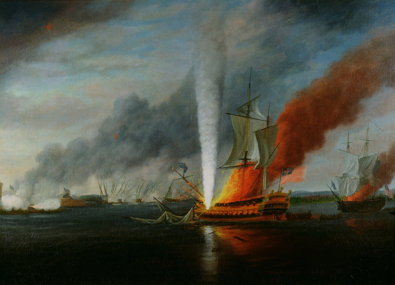 Brenningen av H.M.S. Augusta i 1777 av English School