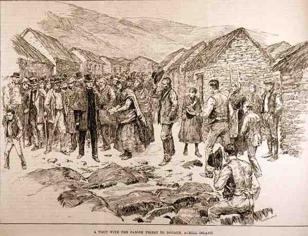 The Distress in the West of Ireland: A Visit with the Parish Priest til Dooagh, Achill Island, fra The Illustrated London News, 4. oktober 1886 av English School