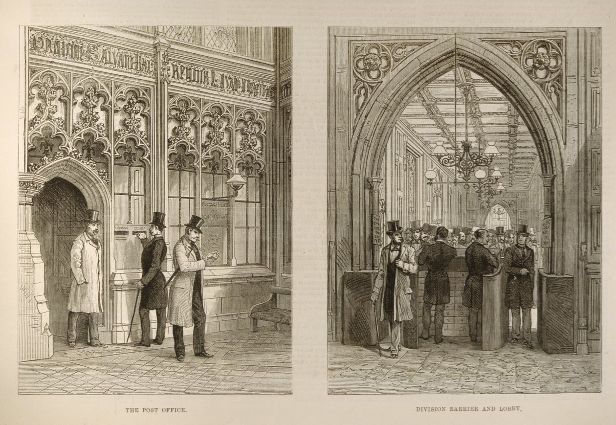 The House of Commons: The Post Office and the Division Barrier and Lobby, fra The Illustrated London News, 18. februar 1882 av English School