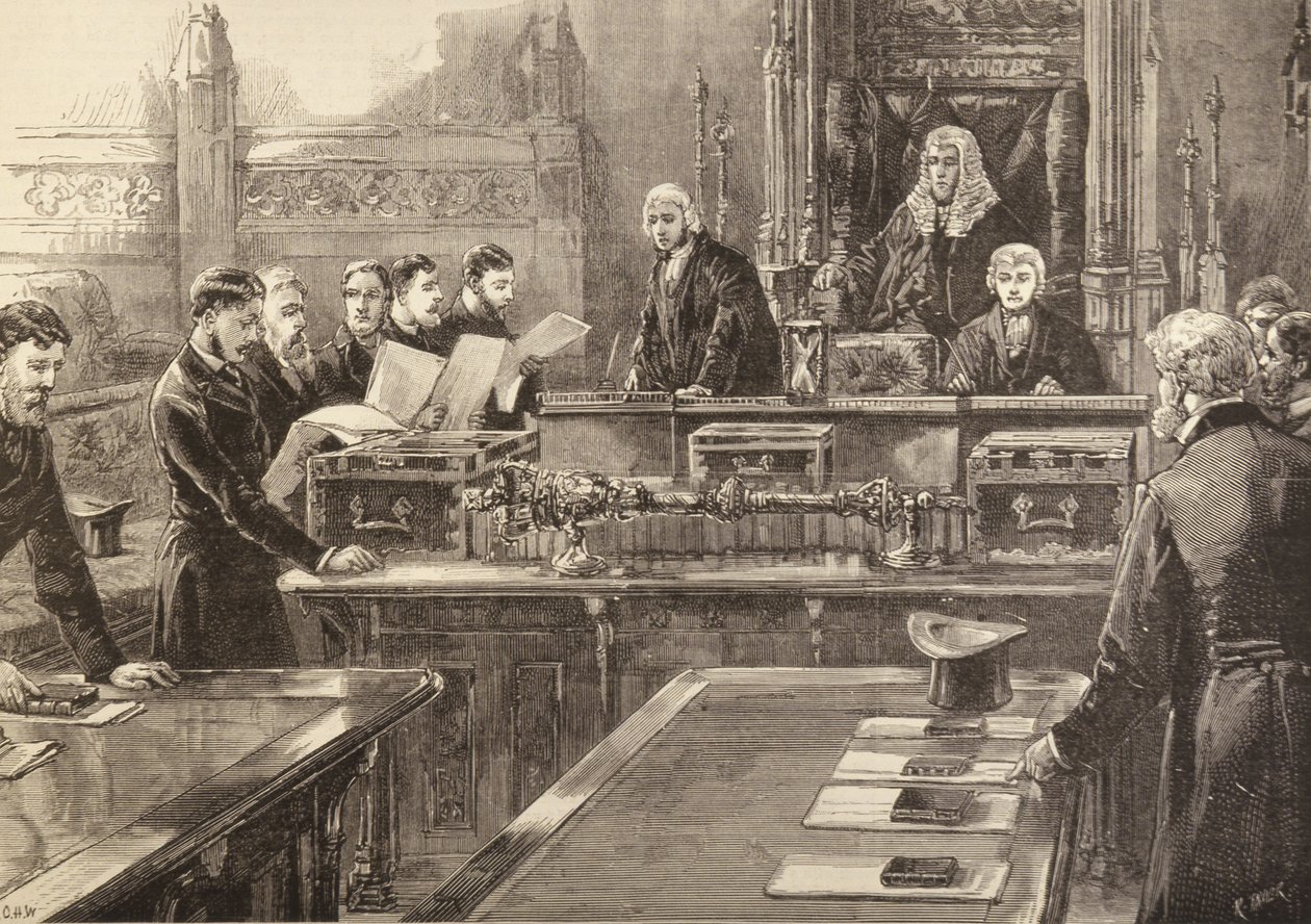 The Opening of Parliament: Members Taking the Oath, gravert av R. Taylor, fra The Illustrated London News, 23. januar 1886 av English School