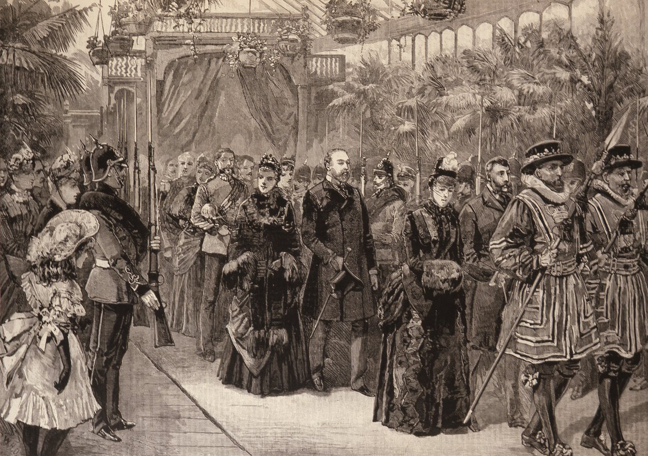 Prinsen og prinsessen av Wales i Manchester: prosesjon i utstillingsbygningen, fra The Illustrated London News, 14. mai 1887 av English School