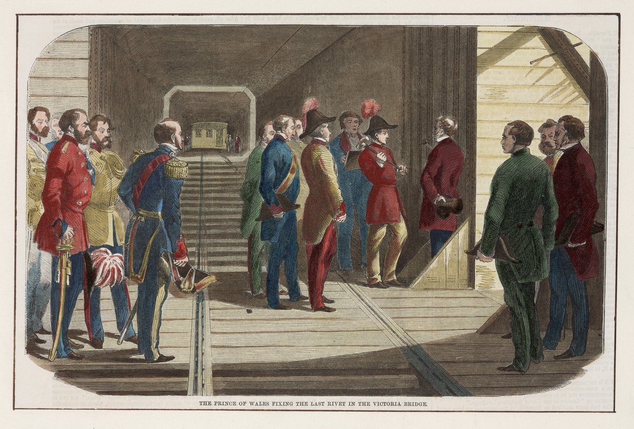 Prinsen av Wales fikser den siste naglen i Victoria Bridge, Canada, 1860 av English School