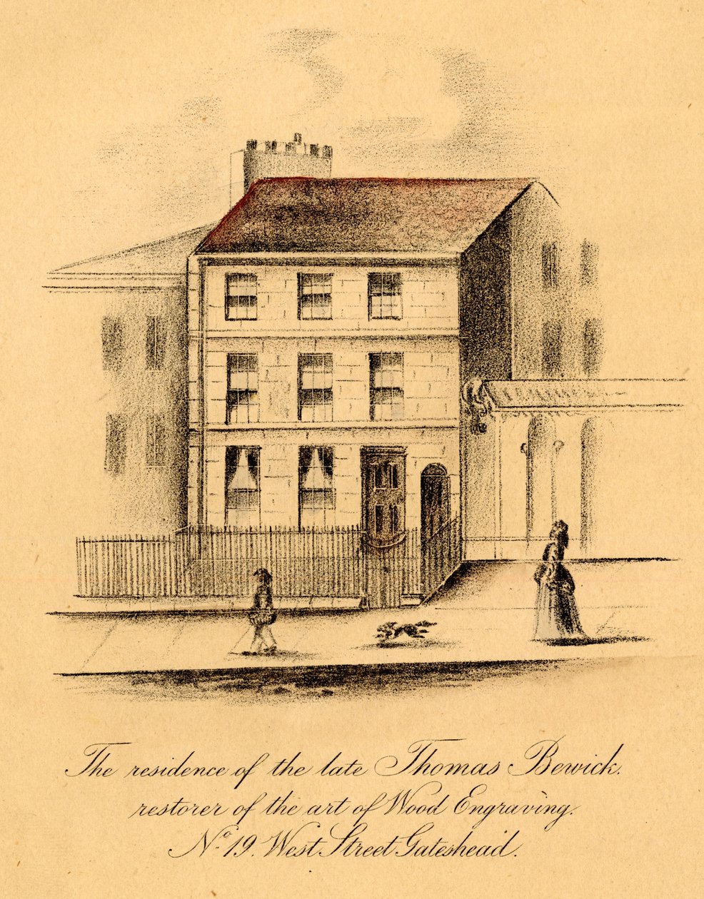Residensen til avdøde Thomas Berwick, nr. 19, West Street, Gateshead (tregravering) av English School
