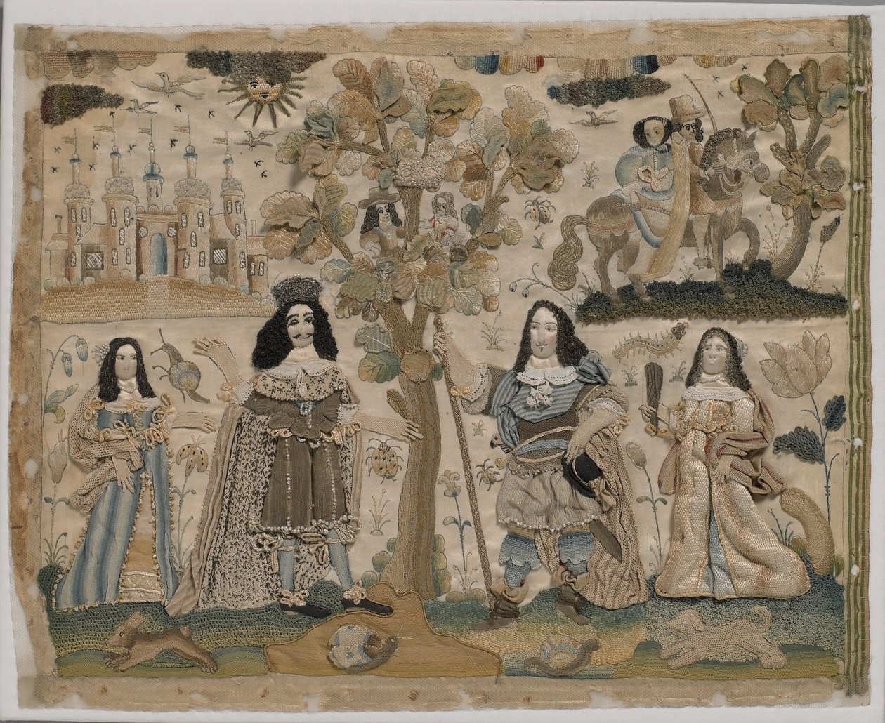 Restaureringen av kong Charles II, ca. 1665 (silkebroderi) av English School