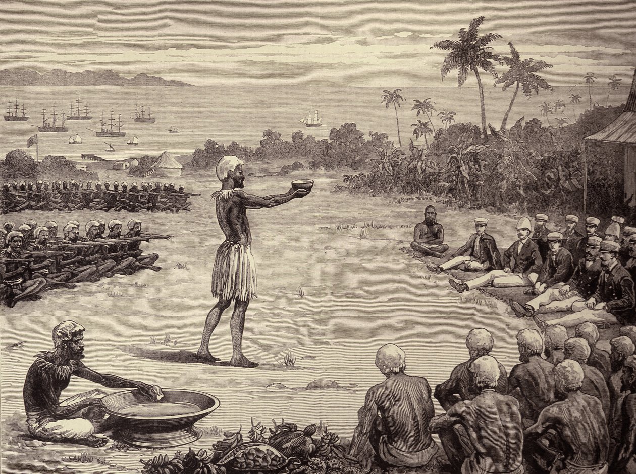 The Sailor Princes at the Fiji Islands: Incantation of the Yangona, eller Kava Bowl, fra The Illustrated London News, 7. januar 1882 av English School