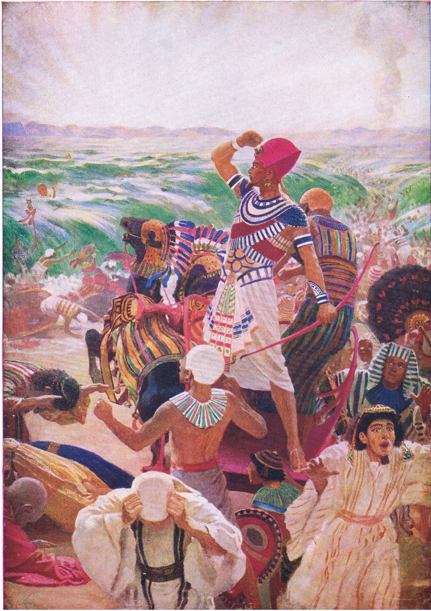 The crossing of the Red Sea, fra The Bible Picture Book utgitt av Thomas Nelson, ca.1950 av English School