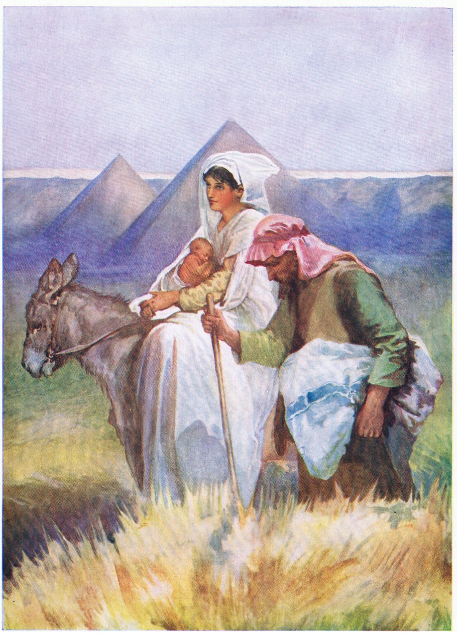 Flyturen til Egypt, fra The Bible Picture Book utgitt av Thomas Nelson, ca.1950 av English School