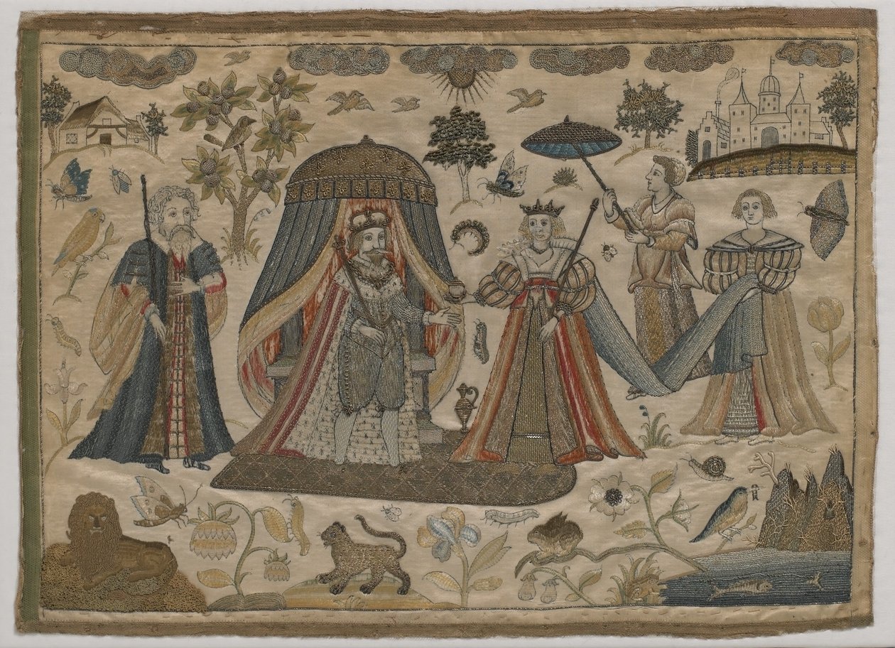 Møtet mellom kong Salomo og dronningen av Saba, ca. 1650 (flat silkebroderi) av English School
