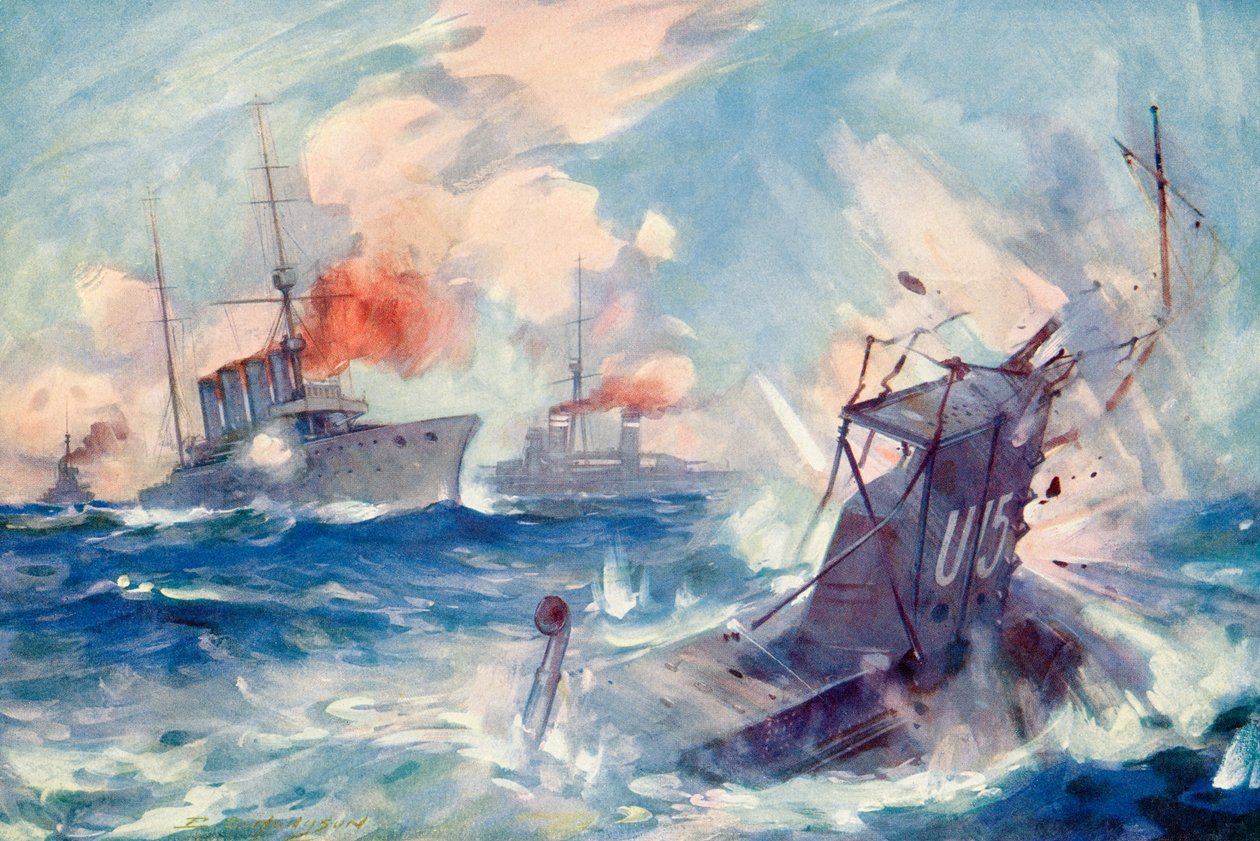 Senkingen av den tyske ubåten SM U-15 etter å ha blitt rammet av den britiske lette krysseren H.M.S. Birmingham, 9. august 1914 under første verdenskrig, fra The History of the Great War, utgitt ca. 1919 ( av English School