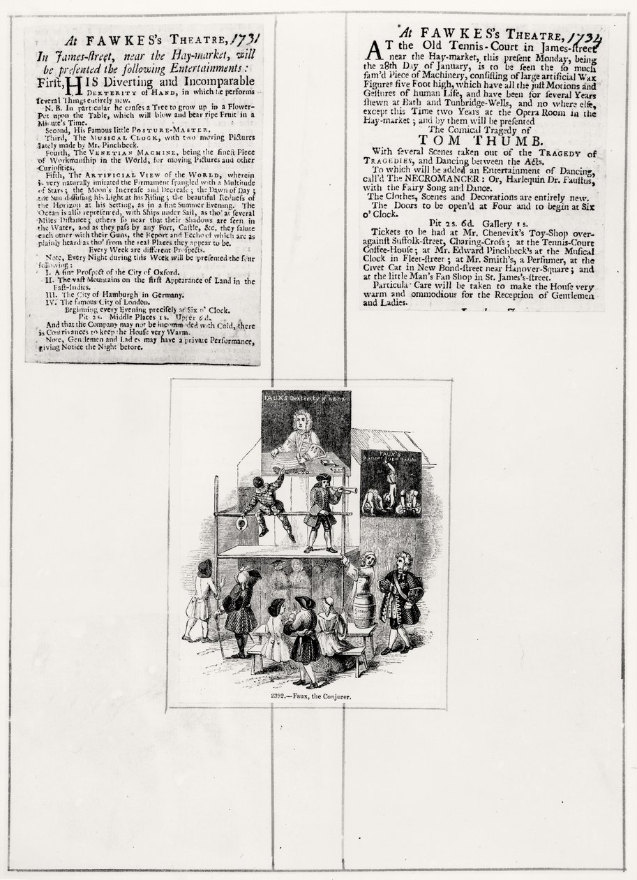 To annonser knyttet til Faux, the Conjurer, ca. 1731-34 av English School