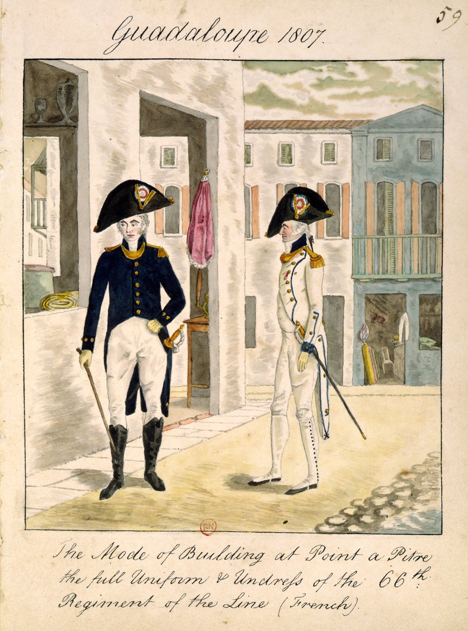 Uniformer av det 66. linjens regiment i Pointe a Pitre, Guadeloupe i 1807 (wc på papir) av English School