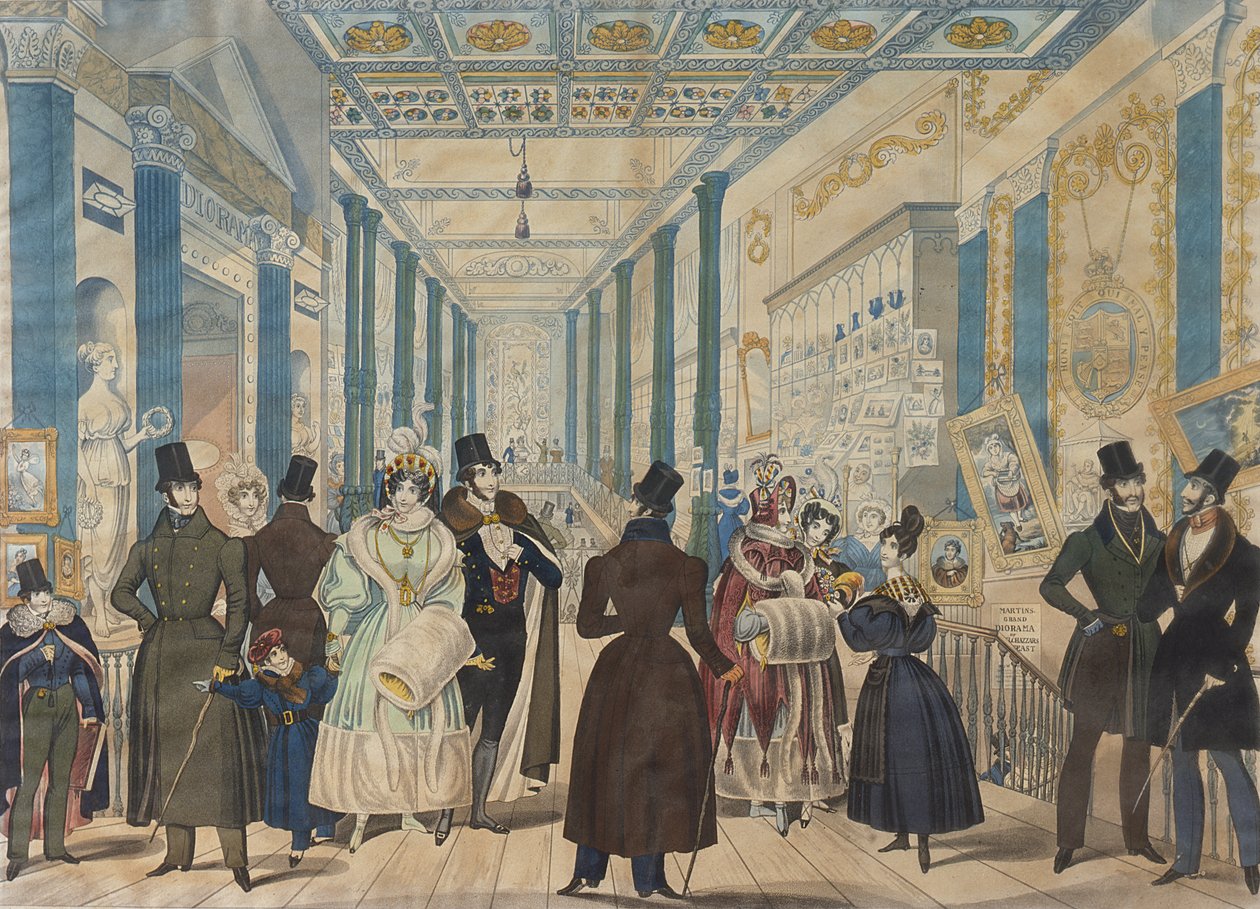 View in the Queens Bazaar, London - Winter Fashions fra november 1833 til april 1834, utgitt av B.Read & Co., 1833 (akvatint på papir) av English School